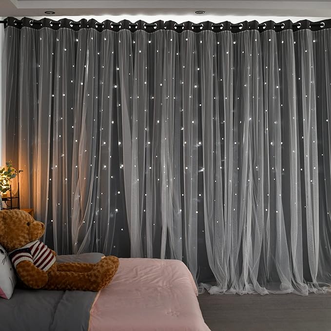 Kinryb Kids Blackout Curtains for Bedroom/Living Room/Classroom, Sheer Overlay 2 Panel Set, Double Layer Curtains with Star Cutout for Kids Room(Each Piece W 70 x L 72 Inches 2 Pcs Grey)