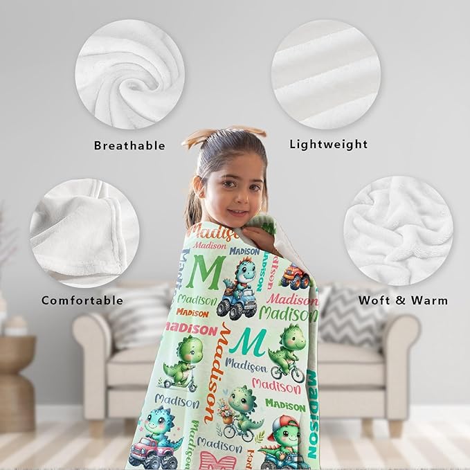 Personalized Dinosaur Truck Blanket Gifts for Girls Boys Women - Super Soft Cozy Warm Throw Sheet for Couch Bed Sofa Office Decor All Season 40"x50" for Kids/Children