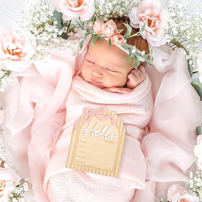 Bow Hello World Wooden Board - Hospital Newborn Information Record,Birth Milestone Bulletin Board Photo Props,Sweet Pink Bow Nursery Decorations,Little Princess Hello World Announcement Sign