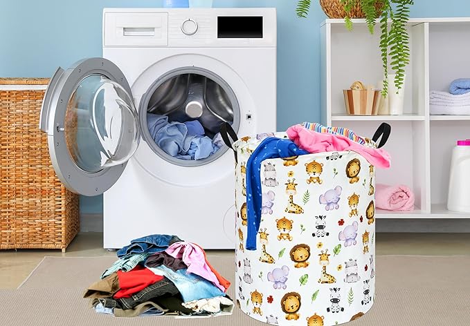 KUNRO Tiger Animals Round Laundry Basket Hamper Kids Toys and Clothes Storage Basket Children Gift Basket Baby Toy Organizer Bins for Room Decor