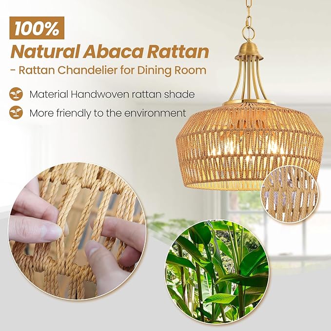 18.5'' Rattan Chandeliers for Dining Room, 5-Light Boho Pendant Light, Hand Woven Lampshade for Kitchen Island, Bedroom, Living Room, Height Adjustable