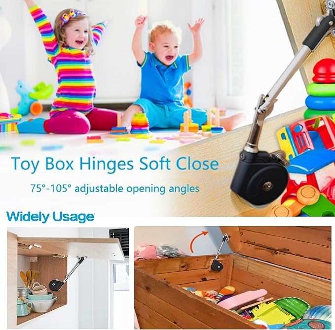 Toy Box Hinges Soft Close - Chest Hinge Lid Stay 105 Degree Open with Soft Close, Lid Support for Toy Box and Upward Top-Opening Flap Doors (Black 1 Pack)