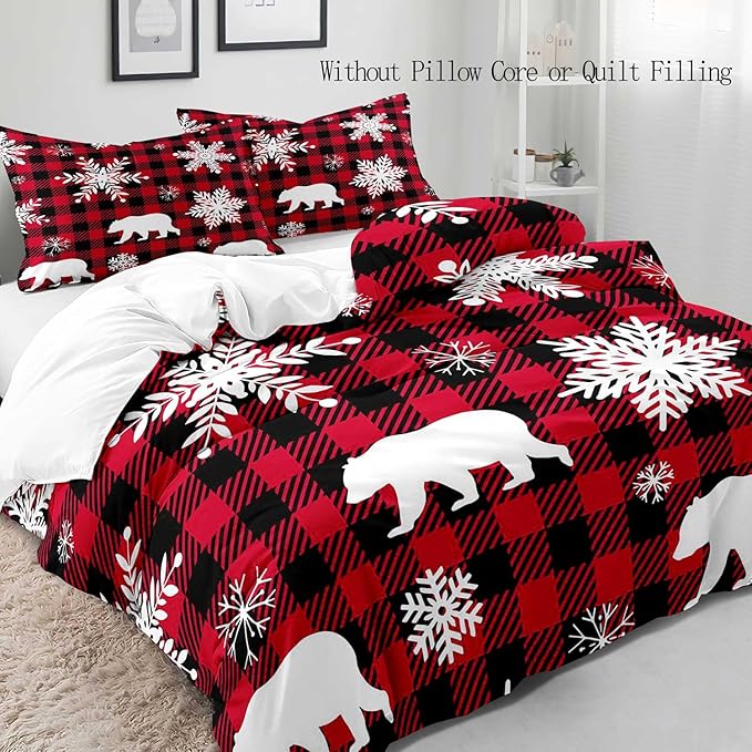 LUVIVIHOME 3PCS Christmas Duvet Cover Full Bedding Set, White Snowflake Bear Woodland Animals Cabin Lodge Holiday New Year Xmas Checkered Black Red Buffalo Plaid Comforter Quilt Cover, 2 Pillow Cases