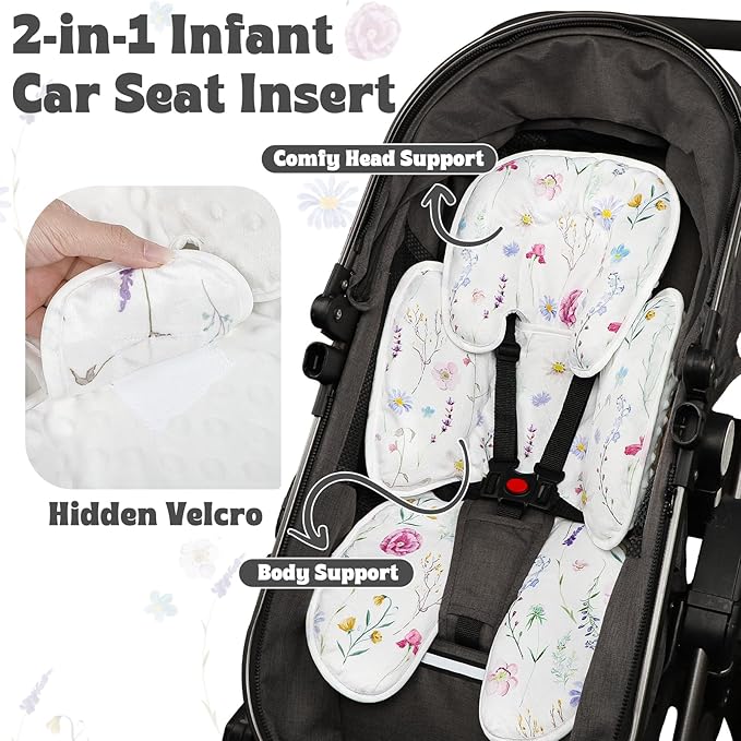 Pea Pod Infant Car Seat Pad 2-in-1 Baby Car Seat Head & Body Support for Newborn Girl Reversible 3 Layer Warm Preemie Carseat Stroller Cushion Headrest with Soft Minky Dot Fabric, Wildflower