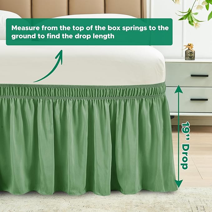 Biscaynebay Wrap Around Bed Skirts for King & Cal King Beds 19" Long Drop, Sage Adjustable Elastic Dust Ruffles Easy Fit Wrinkle Resistant Silky Luxurious Fabric Machine Washable