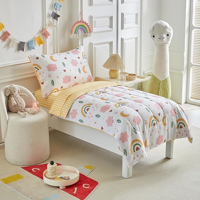 Joyreap 4 Piece Toddler Bedding Set for Girls- Pink n Yellow Clouds Moon Rainbow Lovely Design, Microfiber Toddler Bedding Comforter Set for All Seasons