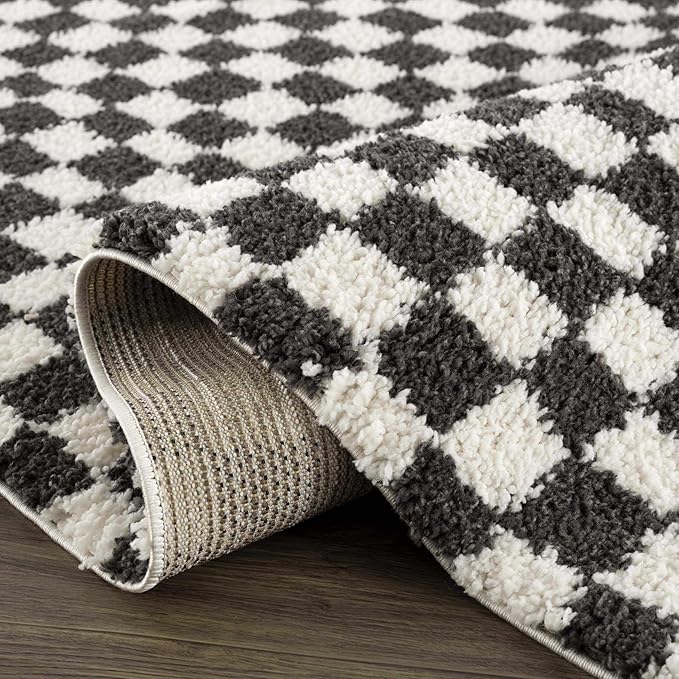 Hauteloom Kieu Contemporary Checkered Fluffy Shag Area Rug - Modern Geometric Soft Carpet Tiles for Living Room, Kids Room, Nursery - Black, White - 6'7" x 9'