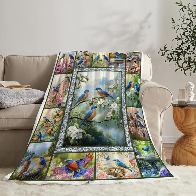 Blue Hummingbirds Blanket Moutain Flowers Bird Throw Blankets Gifts for Girls Boys Women Cozy Warm Soft Fuzzy Flannel Throw Plush Stuffed Animal Fleece Gifts for Kids Men Women for Sofa Bed 60" x80"