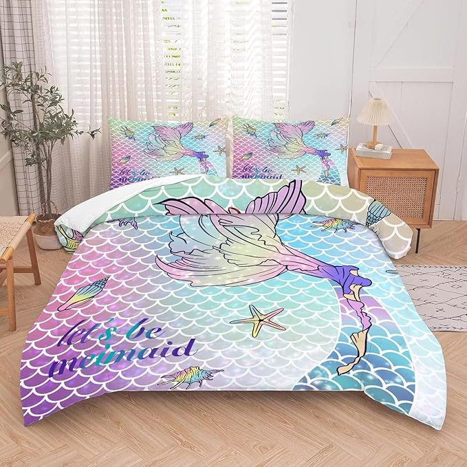 kxry Mermaid Tail Comforter Set Queen Size Gradient Fish Scales Sea Bedding Sets for Girls Teens Kids Ocean Starfish Conch Soft Microfiber Lightweight Comforter Set with 1 Comforter + 2 Pillow Cases