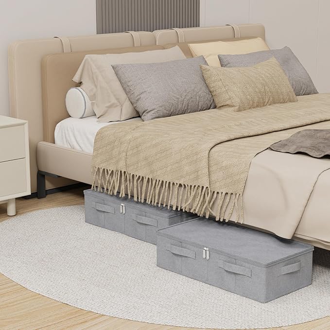 Underbed Storage Box, Foldable Under Bed Bins Container, Fabric Closet Organizer with Lid, for Clothes, Sheets, Blankets, 23.6x11.8x5.9in, Grey, 3 Pack
