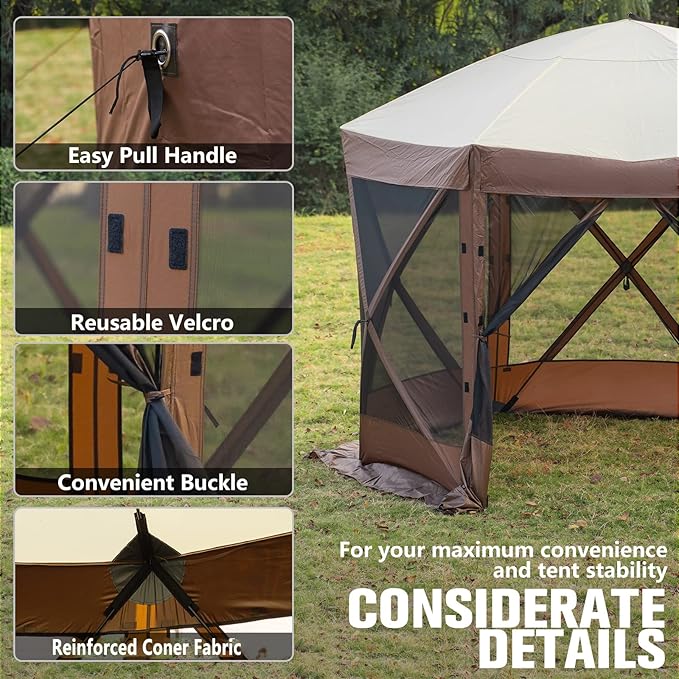 10 x 10 FT Gazebo Tent, Pop Up Design Camping Gazebo Tent, 6-Sided Pop-up Canopy Shelter Tents Portable 8 Person Gazebos Screen Tents for Camping and Backyard Activities