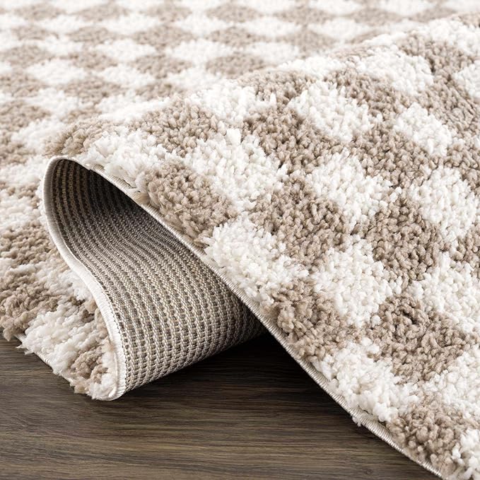 Hauteloom Kieu Contemporary Checkered Fluffy Shag Area Rug - Modern Geometric Soft Carpet Tiles for Living Room, Kids Room, Nursery - Gray, Taupe, White - 5'3" x 7'