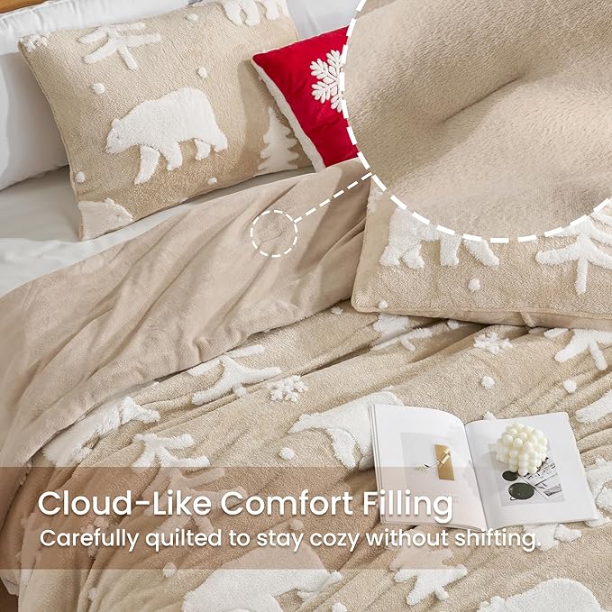 Amélie Home Christmas Comforter Set Queen, Fluffy Christmas Bedding Set with Polar Bear, Beige Fleece Plush Comforter for Winter, 3 Pieces, 1 Soft Comforter and 2 Pillowcases
