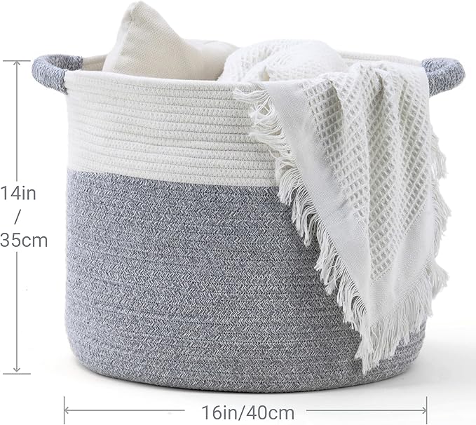 Blanket Basket - Woven Round Rope Storage Basket (16"Wx14"H) for Blankets & Throws, Small Laundry & Toy Organizer, Decorative Living Room & Bedroom Cotton Basket - White & Gray