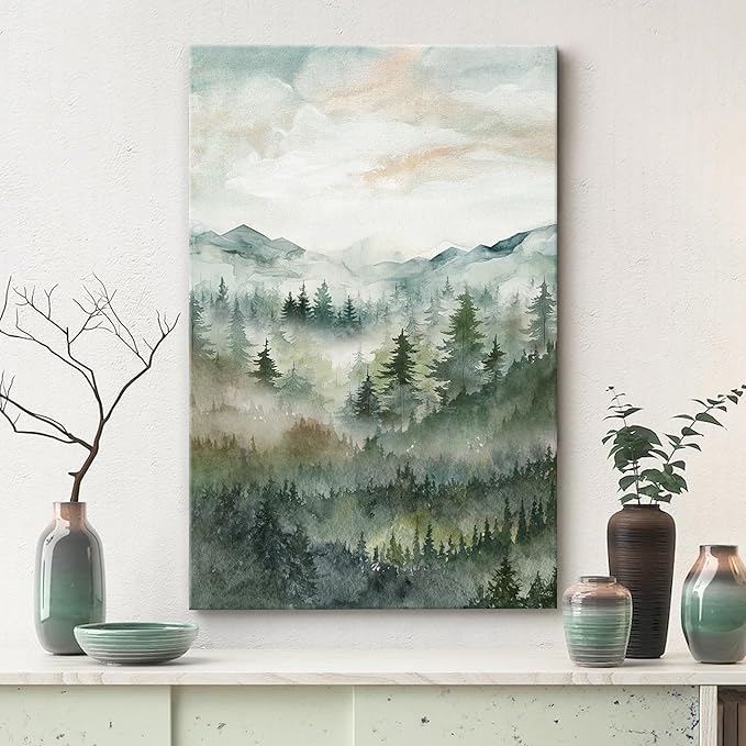 SIGNWIN Canvas Print Wall Art Misty Forest Landscape Watercolor Serene Mountain Pine Trees in Fog Illustrations Modern Art Decorative Landscape for Living Room, Bedroom, Office - 32"x48"