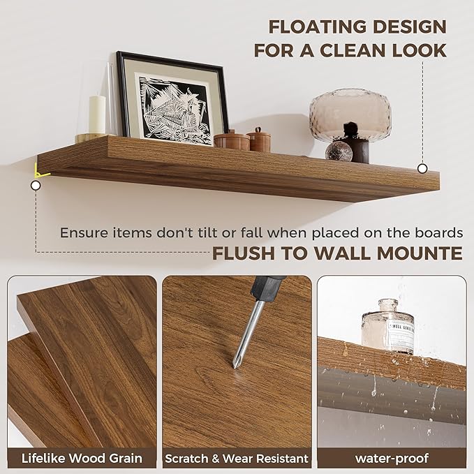 Fun Memories 12 Deep Floating Shelves, 40W x 12D Floating Shelves for Wall Set of 2, Extra Deeper Hanging Wood Shelves for Wall for Living Room Kitchen Laundry Room Kitchen Home Office - Walnut