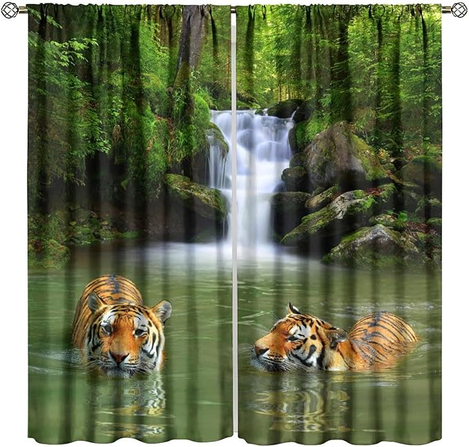 Forest Waterfall Landscape Blackout Window Curtains, Animals Tigers Waterfall Woodland Natural Window Drapes, for Living Room Bedroom 42" W X 45" L