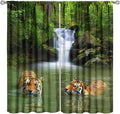 Forest Waterfall Landscape Blackout Window Curtains, Animals Tigers Waterfall Woodland Natural Window Drapes, for Living Room Bedroom 72" W X 63" L