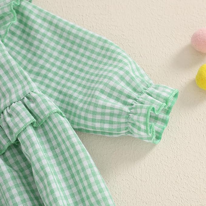 Karuedoo Newborn Baby Girl Clothes Gingham Plaid Bubble Romper Long Sleeve Ruffle Bodysuit with Headband Spring Fall Outfit