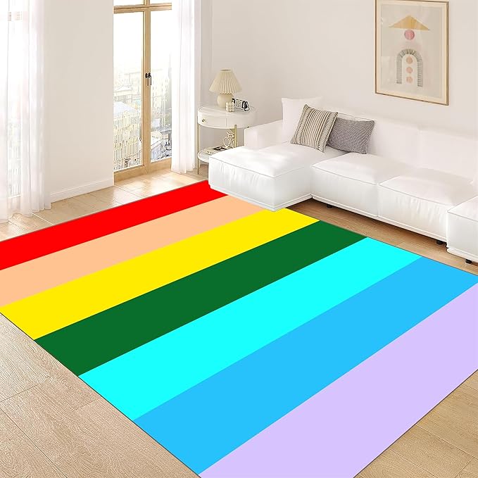 Soft Rainbow Area Rugs Girl's Bedroom Fluffy Colorful Rugs Furry Kids Play Mats Simple Rainbow Line Print Living Room Kids Room Nursery Home Decor 2x4ft