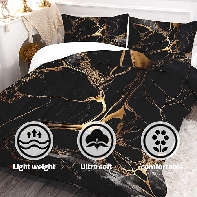 Marble Comforter Sets Twin Size Black and Gold Bedding Set for Girls Teens Women Chic Pastel Glitter Luxury Texture Marbling Quilt 1 Comforter + 1 Pillow Case