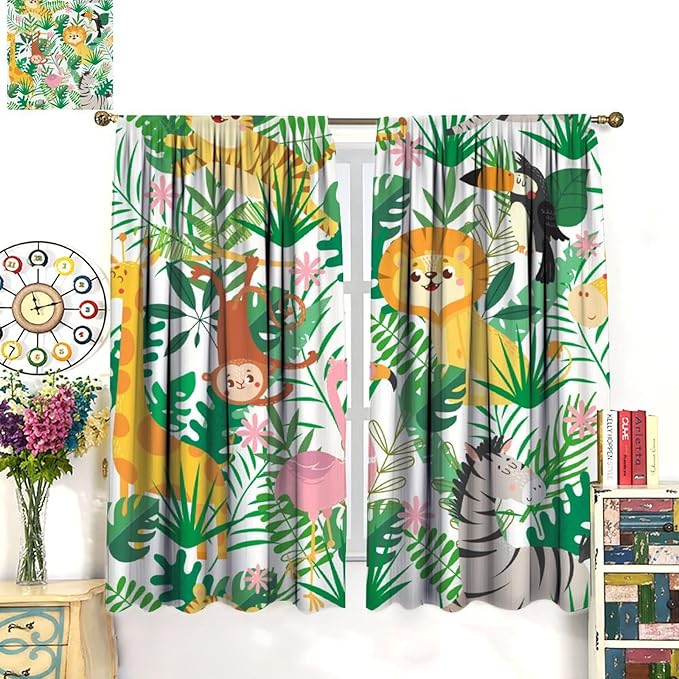 Jungle Animals Curtains Cartoon Cute Lion Giraffe Monkey Zebra Woodland Art Printed for Children Girls Boys Bedroom Nursery Rod Pocket Decoration Window Drapes 2 Panels W31.5xL72in
