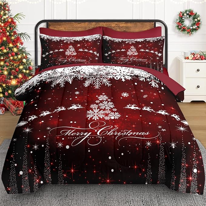 5 Pcs Twin Size Christmas Comforter Set with Pillowcase & Sham, Dark Red Winter Snowflake Bedding for Kids and Adults, Merry Xmas Bed in a Bag with Flat Fitted Sheet