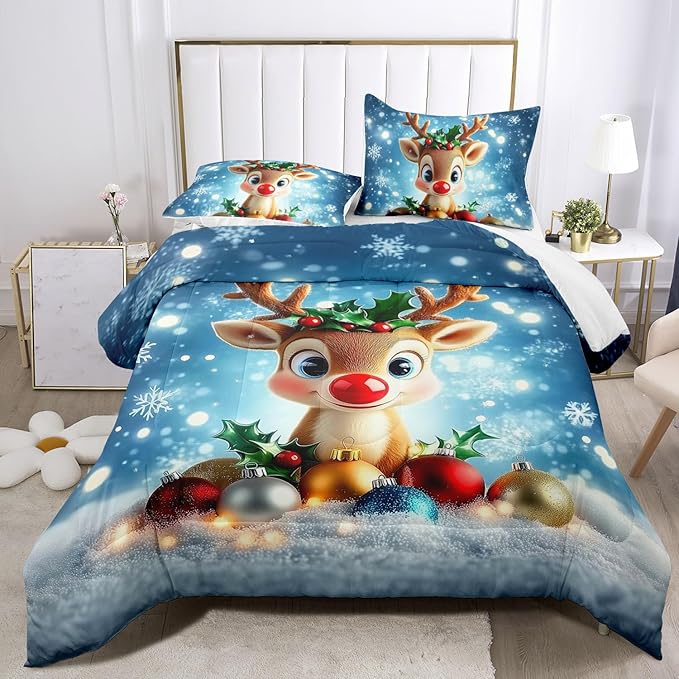 Raphus cucullatus Christmas Bedding King,Reindeer Christmas Decor Comforter Set,Holiday Bedding Winter Quilt,Snowflake Navidad Comforter Set King,Cute red Nose Reindeer Quilt