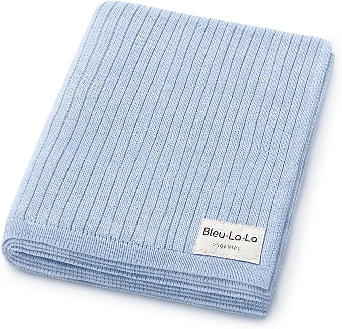 Organic Ribbed Swaddle Blanket for Boys & Girls - 100% Luxury Organic Soft Cotton Knit Warm Cozy Cuddle Stroller Blanket for Newborns, Infants, & Toddlers (Sky Blue)