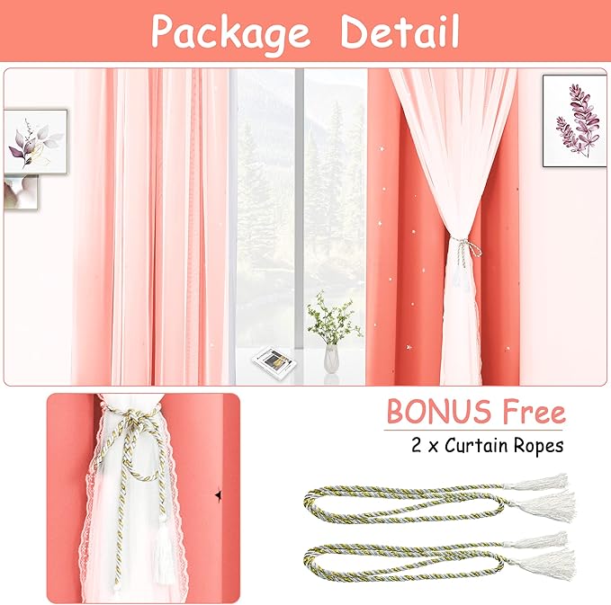 Kinryb Princess Curtains for Girls Bedroom with Sheer Overlay,Double Layer Curtain for Living Room with Star Cutout, Curtains for Kids Room (52 W*63 L Inches,2 Pcs Coral)