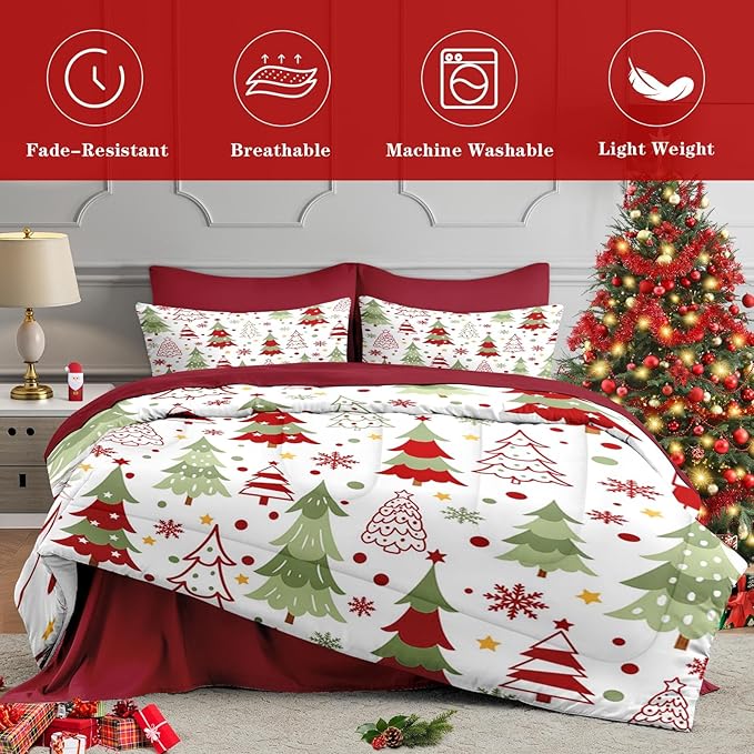7 Pcs Full Size Christmas Comforter Set with 2 Pillowcases & 2 Shams, Colorful Xmas Tree Bedding for Kids and Adults, Funny Winter Holiday Bed in a Bag with Flat Fitted Sheet
