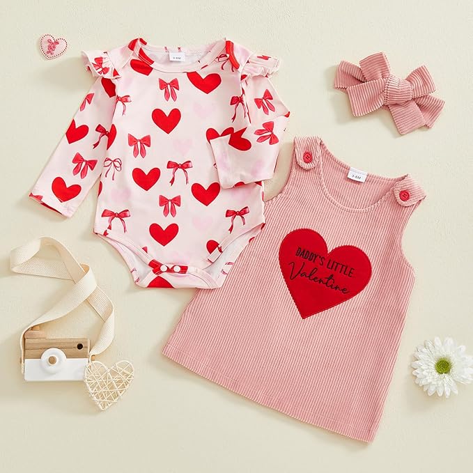 FIOMVA My First Valentines Day Outfit Clothes Baby Girl Romper Love Onesie Heart Embroidery Overalls Suspender Dress Set