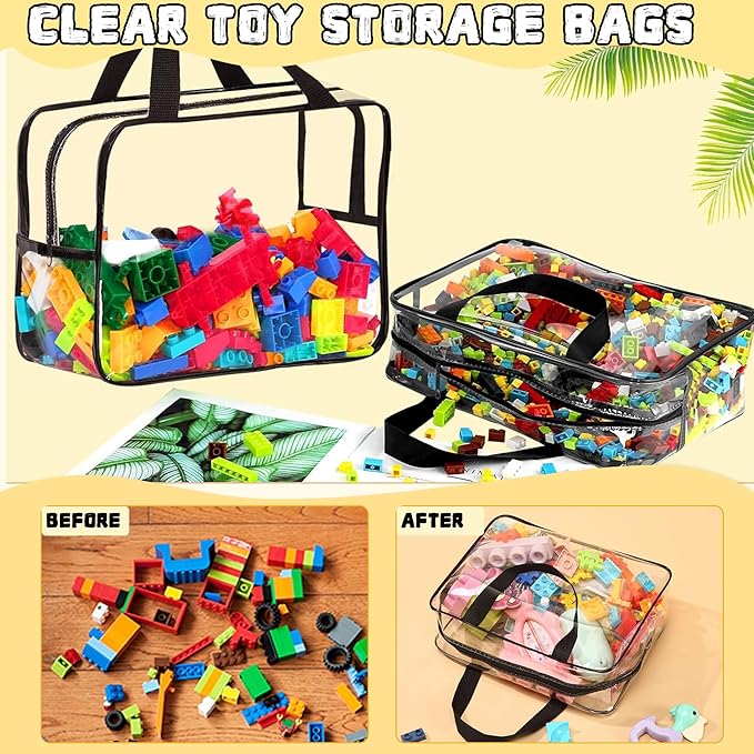 6PCS Toy Storage Bags, Clear Waterproof Toy Organizer Bags with Labels, Suitable for Storing Building Blocks, Puzzles, Stationery, and Books (6PCS L: 11.8 * 8.66 * 3.9Inch)