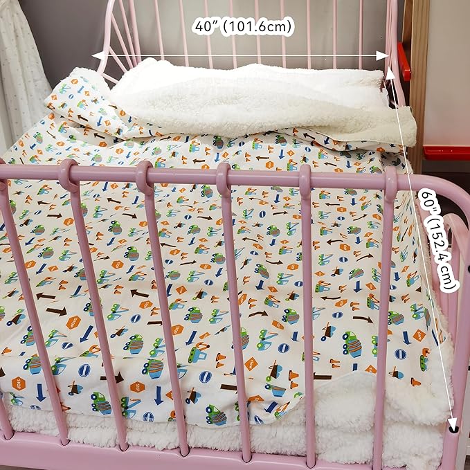 Kids Sherpa Throw Blanket – Soft Cotton & Warm Sherpa Toddler Blanket, Trucks, Cranes & Construction Vehicles Pattern, Plush Winter Bed Throw, 40 x 60 inches