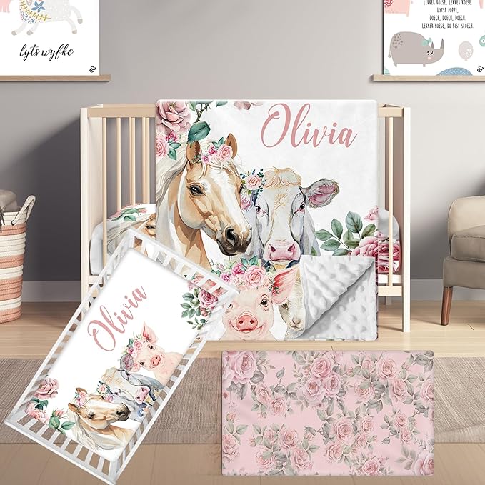 Custom Name Crib Bedding Set, 3 Pcs Personalized Baby Crib Bedding Set, Soft Flower Animals Nursery Crib Sets for Boys Girls, Double Layer Toddler Bedding Set Customized Gifts for Newborn Kids