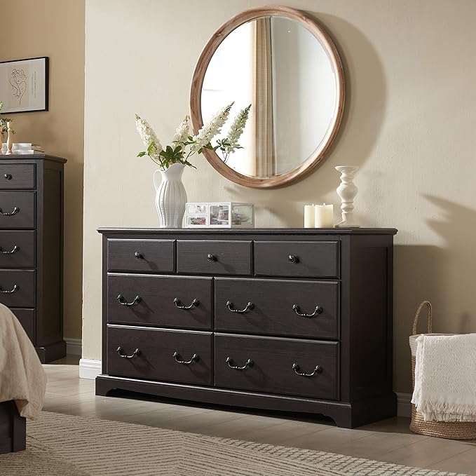 T4TREAM 7 Drawers Dresser Chests for Bedroom, Wood Vintage Chests of Drawers, Rustic Dressers Chset Organizer for Bedroom, Living Room, Hallway, Espresso