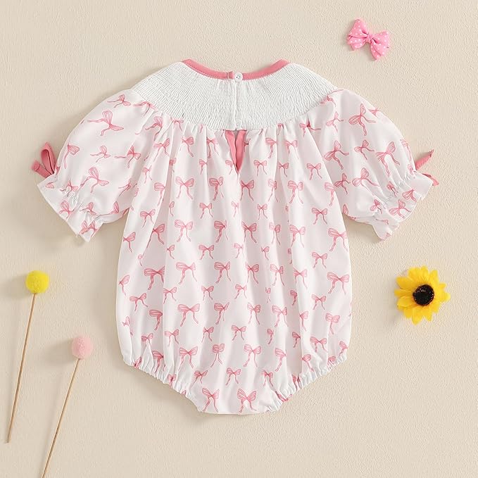 Newborn Baby Girl Romper Mamas Mini Bow Plaid Print Puff Sleeve Smocked Bubble Romper Jumpsuit Bodysuit Clothes