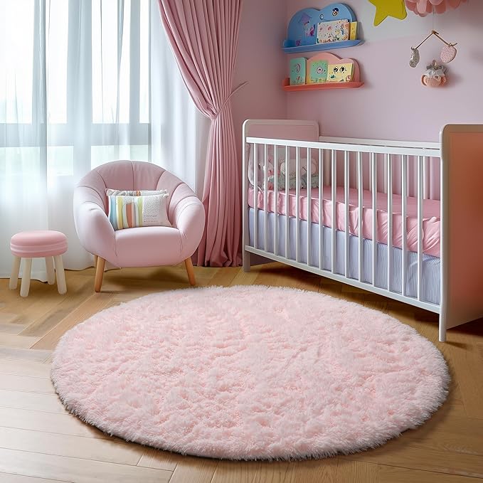Amdrebio Pink Round Area Rugs 7Ft for Girls Bedroom Decor, Fluffy Large Circle Rug for Living Room, Kids Room, Teen, Fuzzy Plush Carpets for Baby Nursery, Dorm, Classroom, Big Indoor Kawaii Play Rug