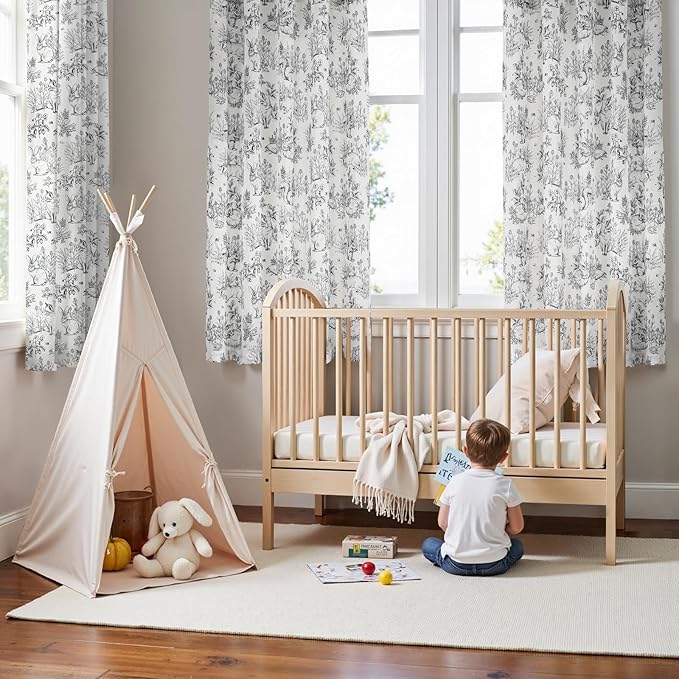 jinchan Linen Nursery Curtains 63 inch Long Woodland Wildlife Black Print Drapes for Kid's Room Light Filtering French Country Farmhouse Curtains with Bunny and Forest Design Set of 2 Panels