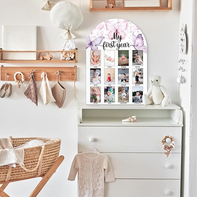 My First Year Photo Board, Butterfly Baby Milestone Signs, 12 Months Wooden Picture Frame, Nursery Gender Neutral Gifts for Girl Boy, Best Gifts for 1st Birthday Baby Shower Decorations-A01