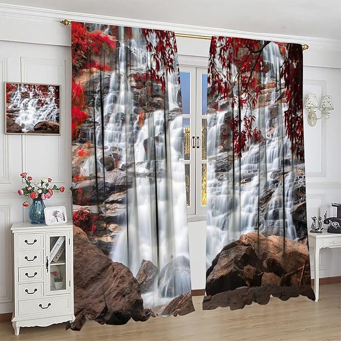 Waterfall Blackout Windows Curtains, Waterfall Red Forest Pattern Nature View Curtains, for Living Room Bedroom 55x63in 2 Panels