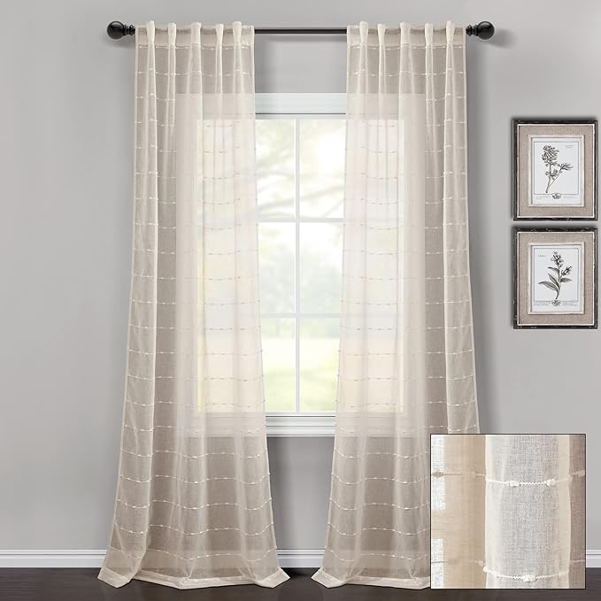 Lush Decor Farmhouse Textured Back Tab/Rod Pocket Sheer Window Curtain Panel Pair, 38"W x 84"L, Beige