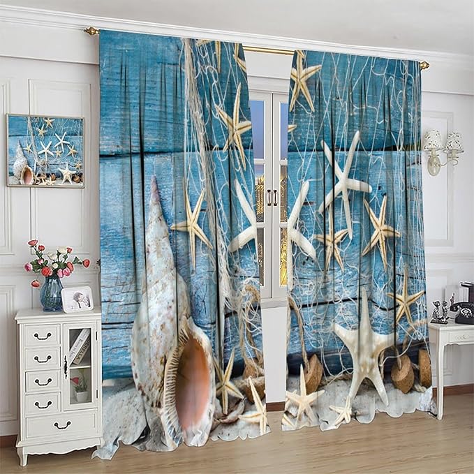 Marine Life Blackout Curtains Watercolor Water Grass Shell Print Curtains for Living Room Bedroom Privacy Curtains 55x63 Inches