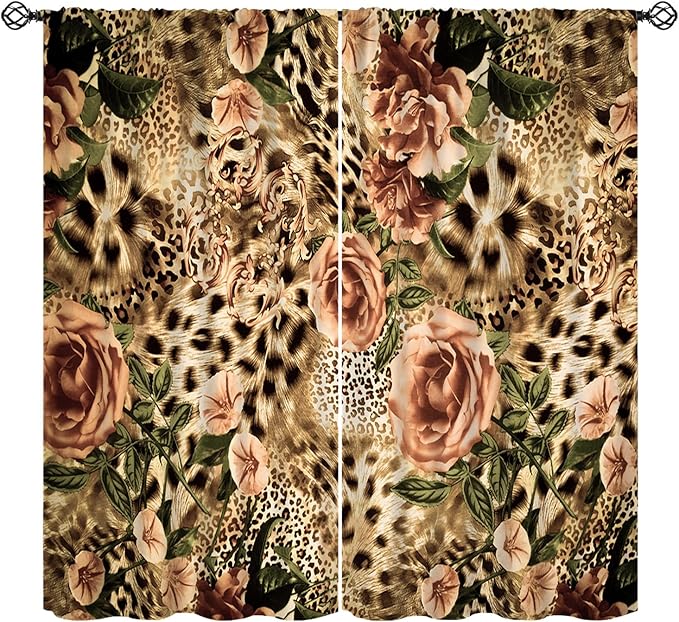 Leopard Floral Blackout Curtains, Cute Boho Floral Cheetah Animal Pattern Safari Natural Theme Window Treatments for Bedroom Living Room 42" W X 45" L