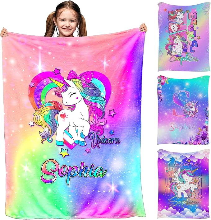 Ship Next Day, Custom Toddlers Blanket with Name for Girls Boys, Blinking Unicorn Blankets- Printed in USA, Personalized Baby Names Blankets for Kids Teens, Christmas Birthday Gifts for Grandchildren