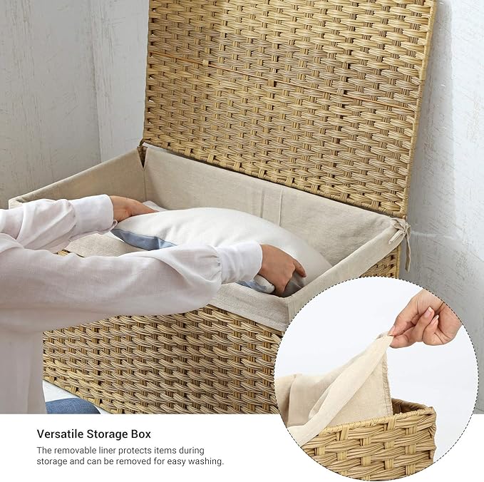 SONGMICS Storage Basket with Lid, 42.3 Gallon (160L) Storage Bin, Woven Blanket Storage Basket with Handles, Foldable, Removable Liner, Metal Frame, for Bedroom, Laundry Room, Natural URST76NL