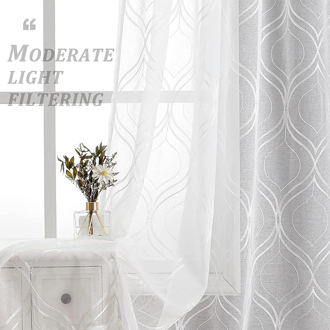 VISIONTEX White Sheer Curtains 120 Inches Long 2 Panels Set Moroccan Embroidered Curtains Trellis Decor French Textured Rod Pocket Voile Tulle Semi Window Drapes for Bedroom Living Room 54 x 120 Inch