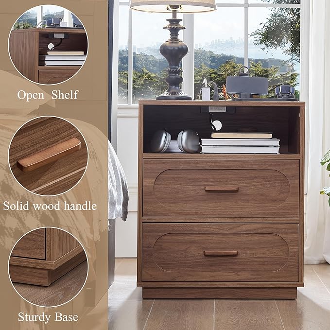 Walnut Nightstand Set of 2 with Charging Station, End Table with 2 Drawers Storage, Space-Saving Wood Storage Cabinet with Unique Base Design, Bedside Table for Bedroom, Living Room
