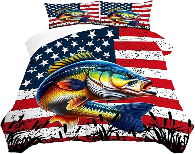 Bass Fish Comforter Set Twin Size Fisherman American Flag Bedding Set for Men Boys Teens Fishing Lover Bedroom Farmhouse Bed Set Wild Quilted,1 Comforter 1 Pillowcase