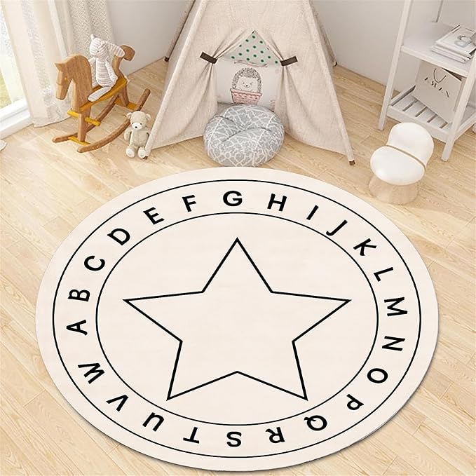 ABC Round Children's Rug,3ft,Children's Educational Learning Area Rug, Cartoon Star Print Soft and Fluffy Rug, Suitable for Nursery, Classroom, Playroom Boys and Girls Bedroom Game Decoration